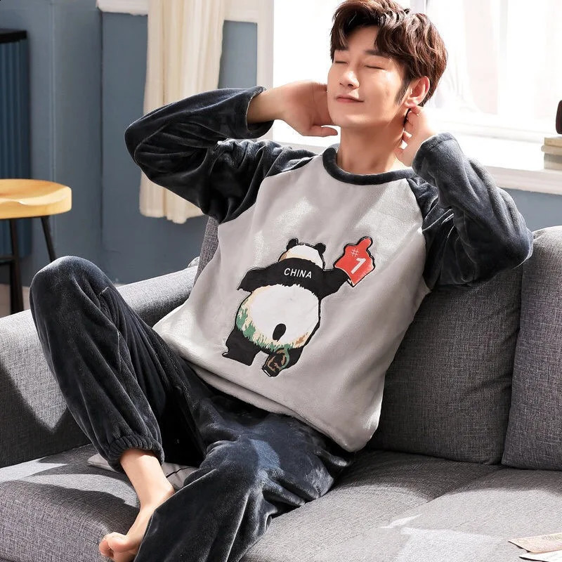 Autumn Winter Coral Fleece Pajamas for Man Round Neck Long Sleeve Lounge Sets Man 2 Piece Fashion Printing Home Suit for Man 260917