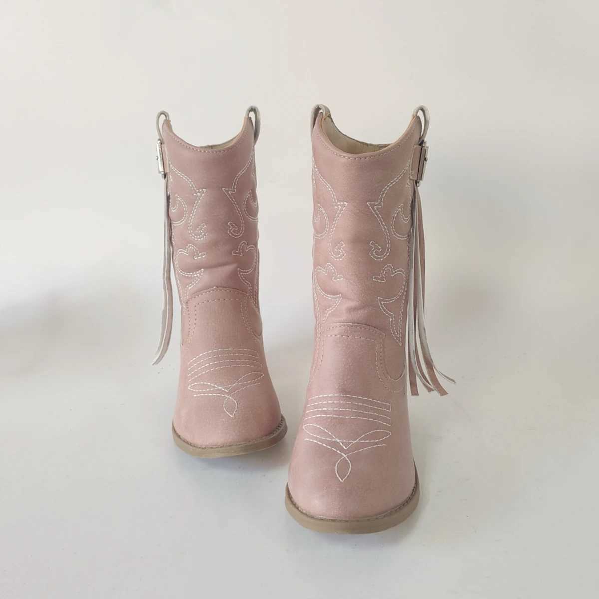 Pink Belt Buckle Tassel One Foot Stirrup Embroidery Chunky Heel Round Toe Knight Boots Western Mid Calf Boots For Girls X260917