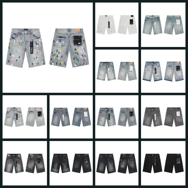 Short en Denim violet américain Vintage, jambe droite déchiré, Patch violet strass Splash encre, Streetwear décontracté d'été