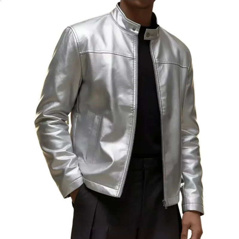 Shiny Silver Metallic Faux Leather Jacket Stand Collar Zipper Slim Fit Stitched Seam Windproof Casual Coat Side Slant Pockets 260917