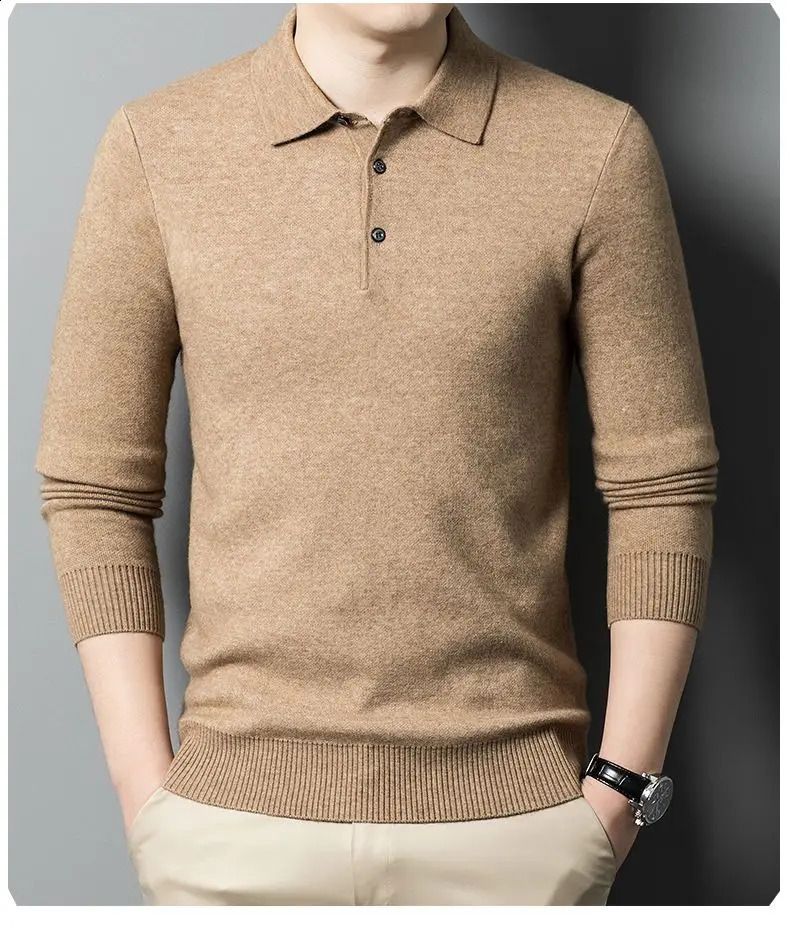 100% Wool Lapel Thickened Wool Sweater Autumn and Winter Lead Sweater Men's Polo Knitted Long Sleeves 260917