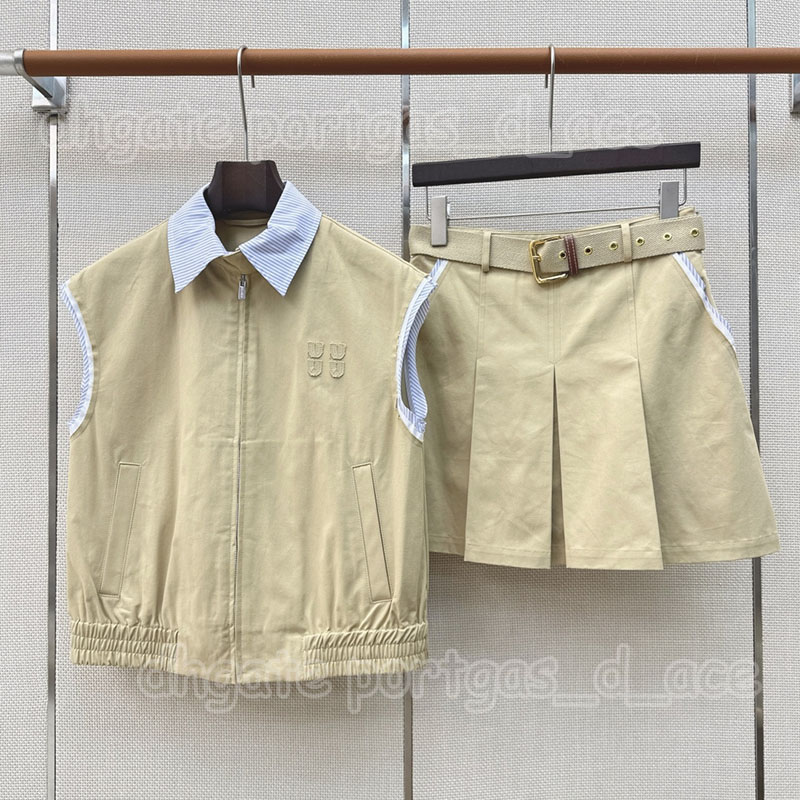 Fake Two Piece Blouson Vest Jacket Brand Women Zipper Lapel Coat Casual Daily Mini Pleated Skirt