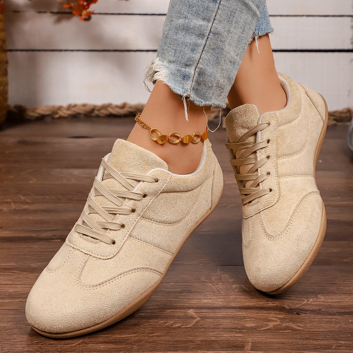 Womens Natural Suede Leather Lace-up 2026 New Sneakers Round Toe Soft Comfort Casual Female Outdoor Leisure Shoes for Woman Lightweight luxury Germa