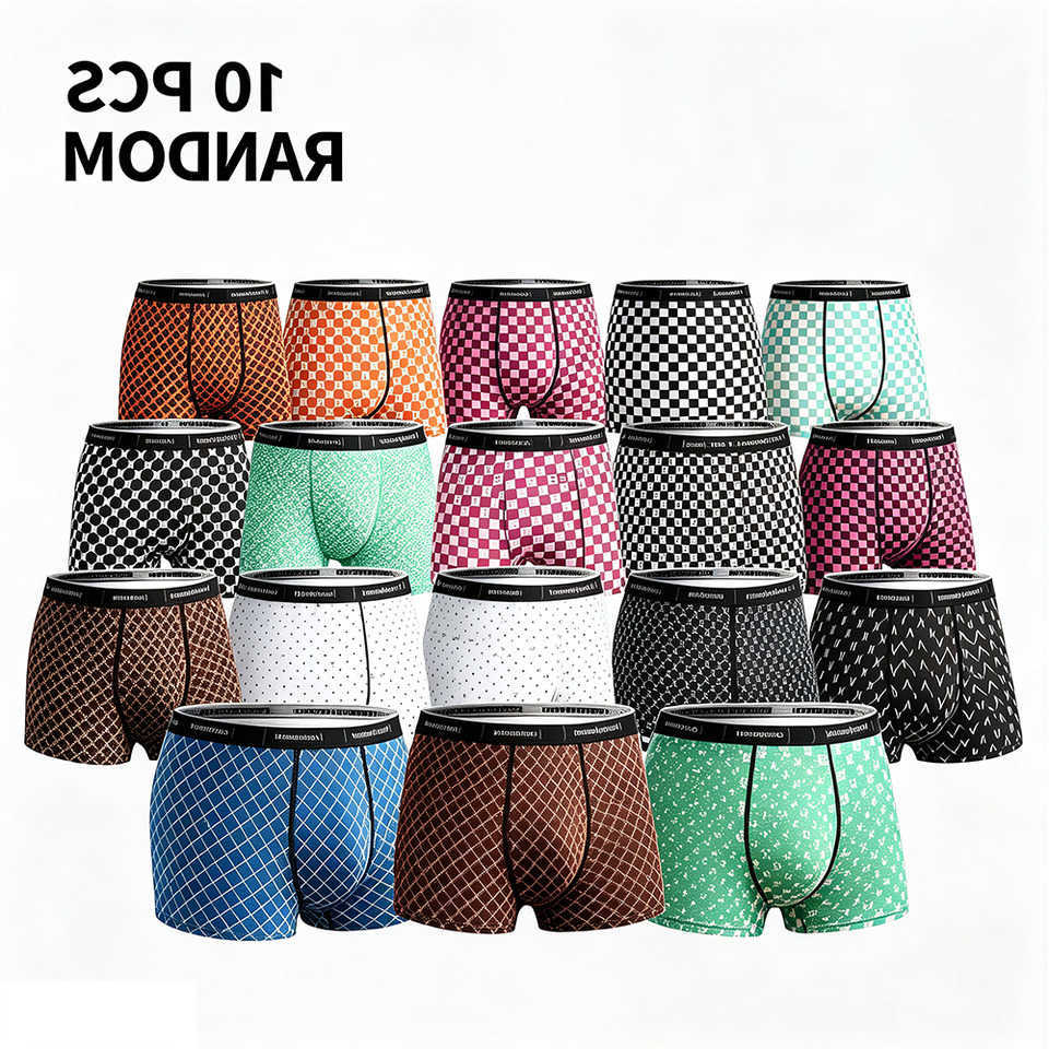 Random 10Pcs Multipack Men's Underpants Ice Silk Boxer Briefs Assorted Pattern Breathable Seamless Cool Summer Lightweight Trunks Underwear D26