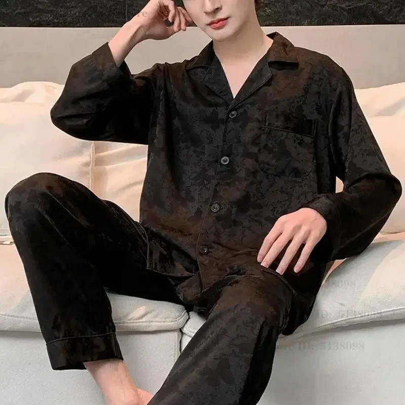 Men's Ice Silk Jacquard 2PCS Pajamas Set Spring Summer Sleepwear Male Lounge Wear Loose Casual Homewear Satin Pijama Mujer 260917