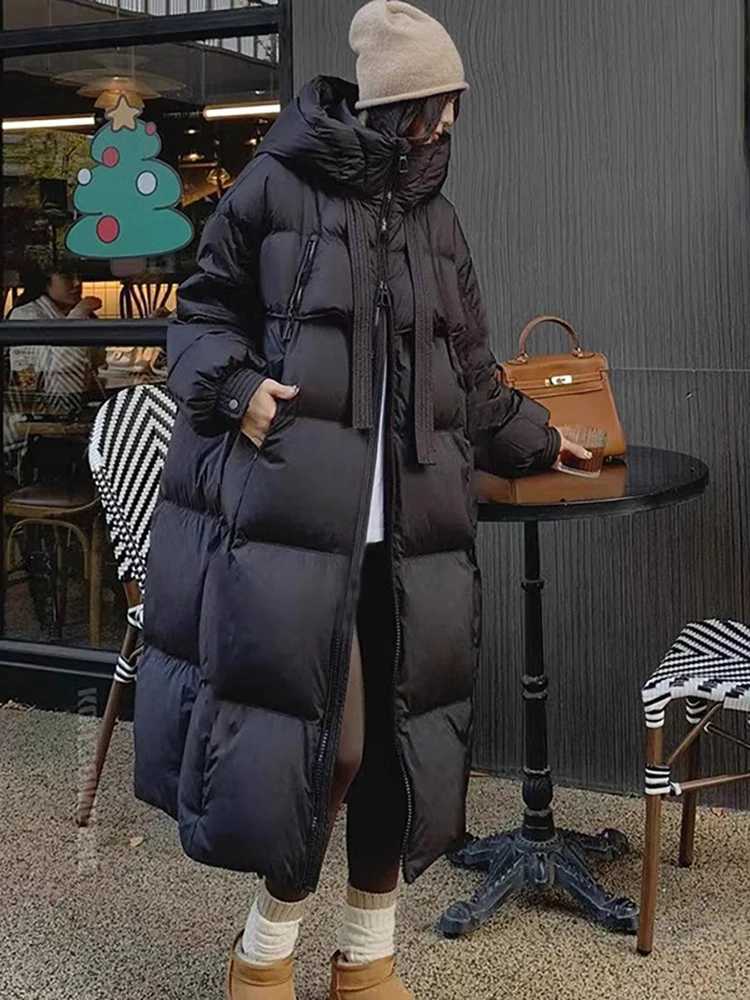Down Cotton Padded Jackets Korean Thickened Warm Long Overcoat Solid Hooded Overall Topcoat 2024 Winter H260917