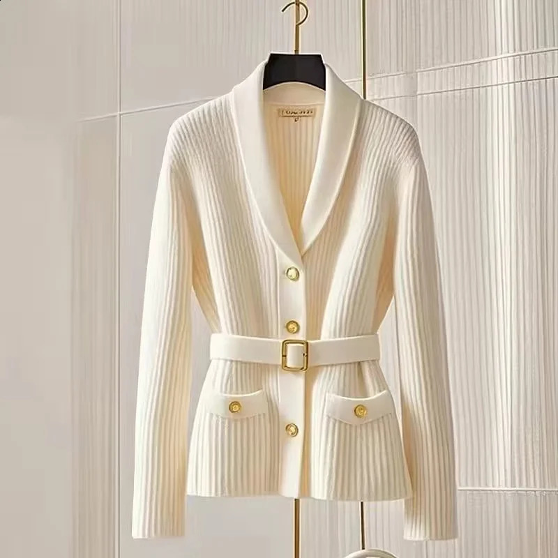 Womens Fashion Knitted Cardigan Sweater Spring Autumn Top Coat Pocket V Collar Knitwear Match Belt Jacket Female 260917