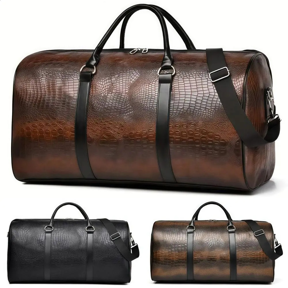 CrocodileTextured Travel Duffel Bag Retro PU Leather Vacation Luggage Large Capacity Durable Business Trip Handbag Men Women 260915