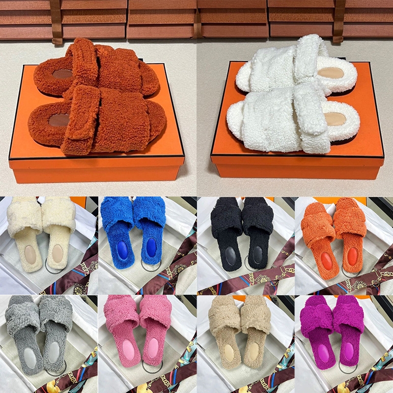 Luxury Chypre Fluffy Furry Slippers Designer H Fur Slides Sandals Womens Slipper White Black Beige Blue Classic Wool Winter Sandal Skin Flat Ladies