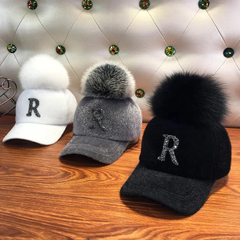 Autumn Winter Warm Baseball Cap Women Rhinestone Letter Pompom Hip Hop Caps Ladies Girls Fur Ball Casual Sun Hats 260918
