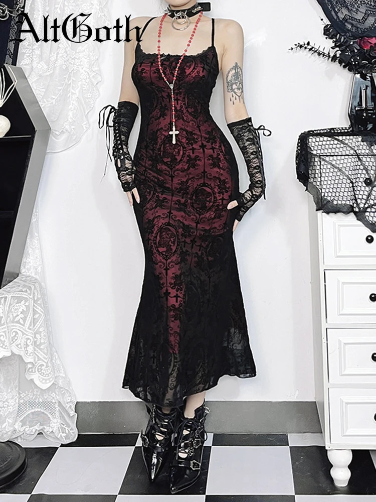 AltGoth Vintage Elegant Goth Dress Women Sexy Streetwear Fairy Grunge Aesthetic Cross Pattern Spaghetti Strap Party Dress Female 260917