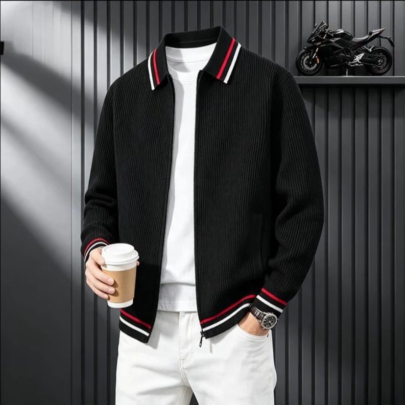 High-End Designer Trendi Fashion Knitted Jacquard Lo-Sleeve Cardigan Men, Featuri Two-Stripe Design And A Collared Sweater-Style Outerwear, Availabl