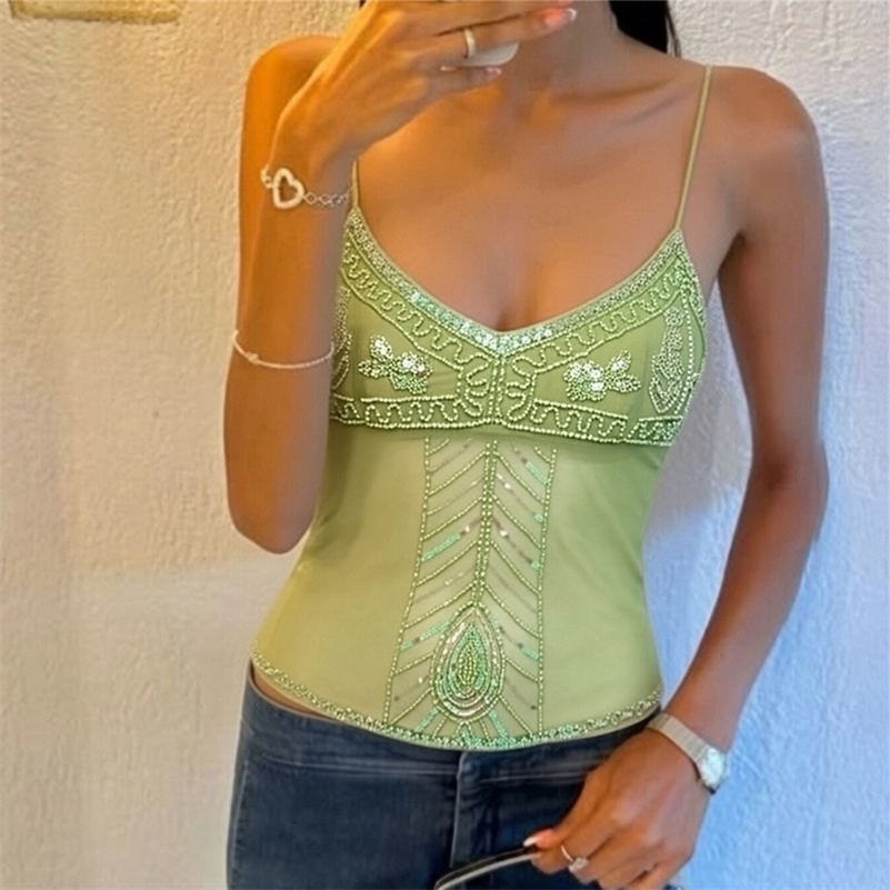 Women Y2K Sequin Beaded Mesh Cami Top Spaghetti Strap V Neck Fitted Sheer Camisole Summer Vacation Going Out Streetwear 260826