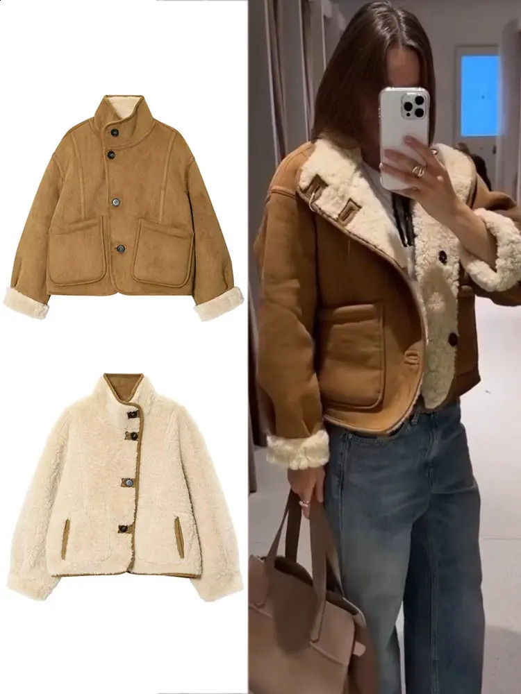 HH Women Fashion Faux Lamb Wool Reversible Jacket Single Breasted Long Sleeve Lapel Coats Autumn Winter Thick Warm Outwear 260917