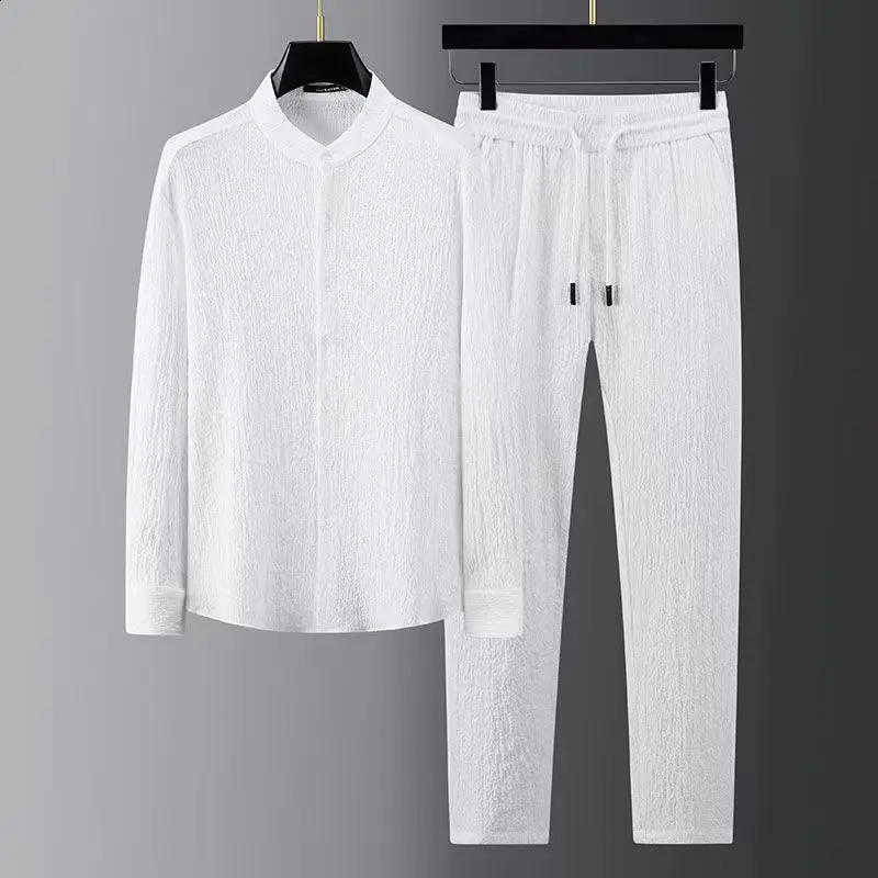 7XL Spring Summer Fashion Men Set Long Sleeve Casual Shirts And Pant Seersucker Striped Pleats Slim Handsome Twopiece Suit 260918