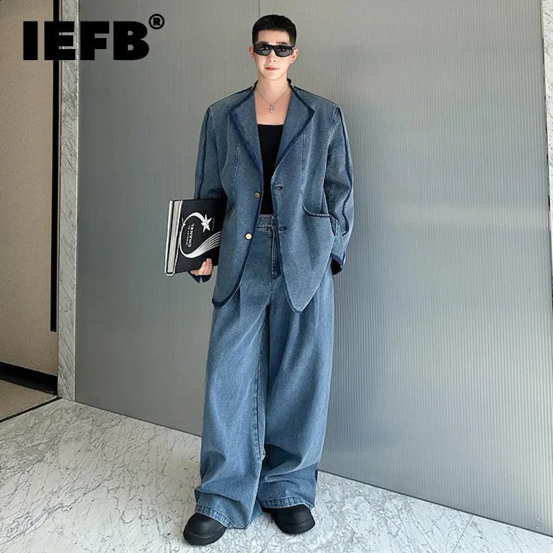 IEFB High Street Mens Denim Twopiece Handpainted Graffiti Contrast Color Single Breatsed Jackets Wide Leg Male Jeans 9X906 260918