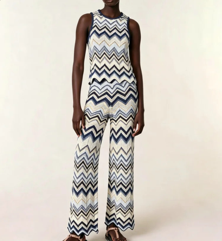 High Quality-Version Color Block Wave Pattern Sexy Thin Casual Knitted Long Pants Vest Ice Silk Two-Piece Set for Women 260917