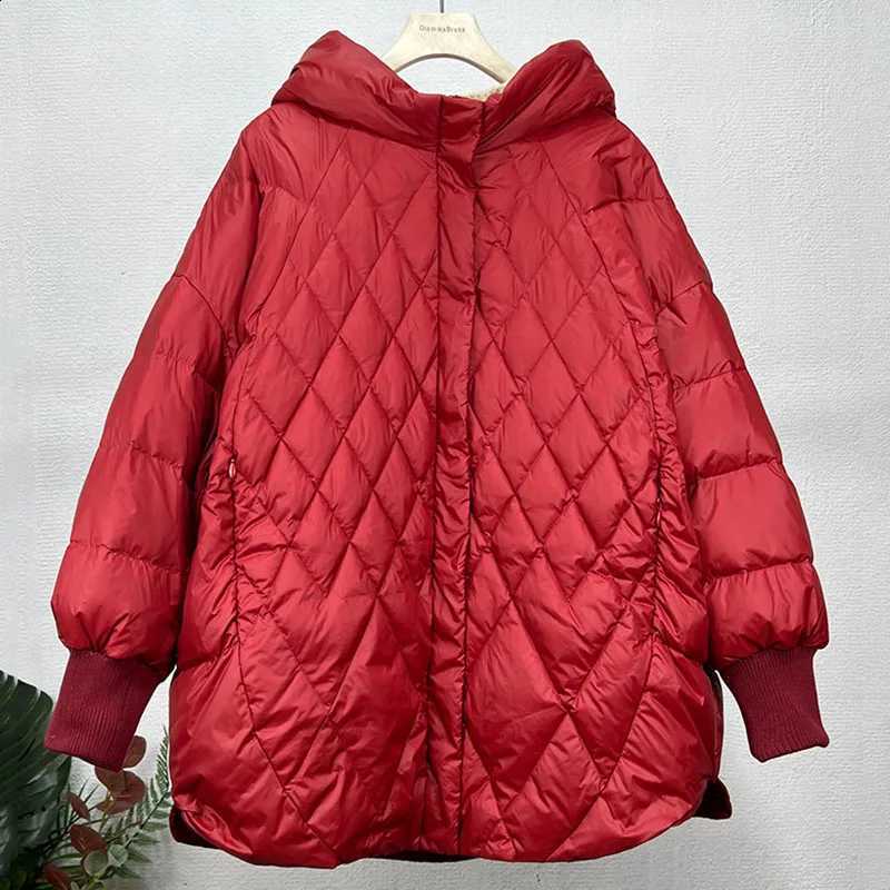 2026 Winter New Women's Loose Literature Art Retro Stitching Drawstring White Duck Down Jacket For Ladies Casual Warm Coats H260917