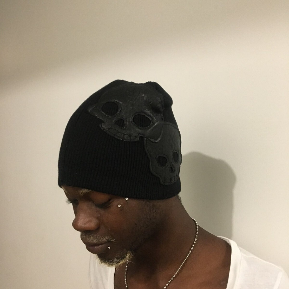 Y2K retro skull knit hat, personalized patchwork beanie, European and American street style hat e2