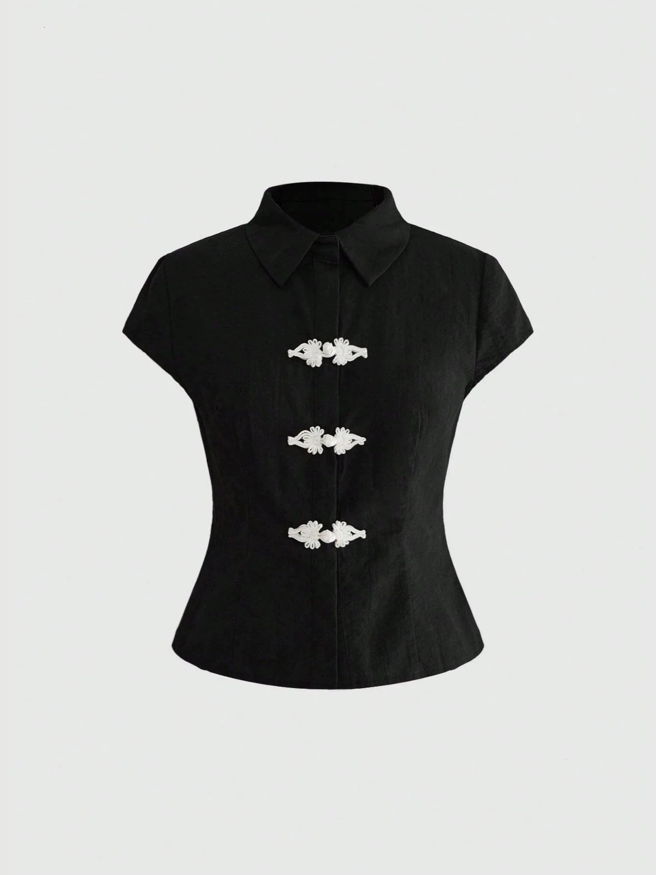 Cross-border color-block top with a back bow tie, cinched waist, and flutter sleeves; new Chinese-style short shirt for women df