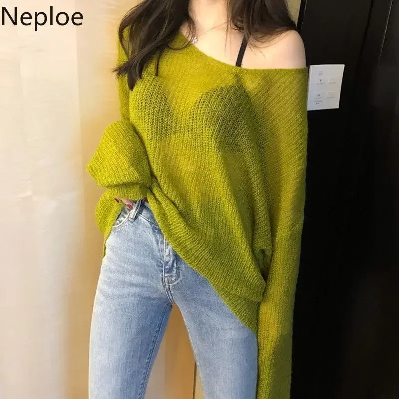 Neploe Woman Sweaters Sexy V-neck Knit Oversized Top Fashion Y2K Sweater See Through Thin Jumper Korean Elegant Women's Clothing 260917