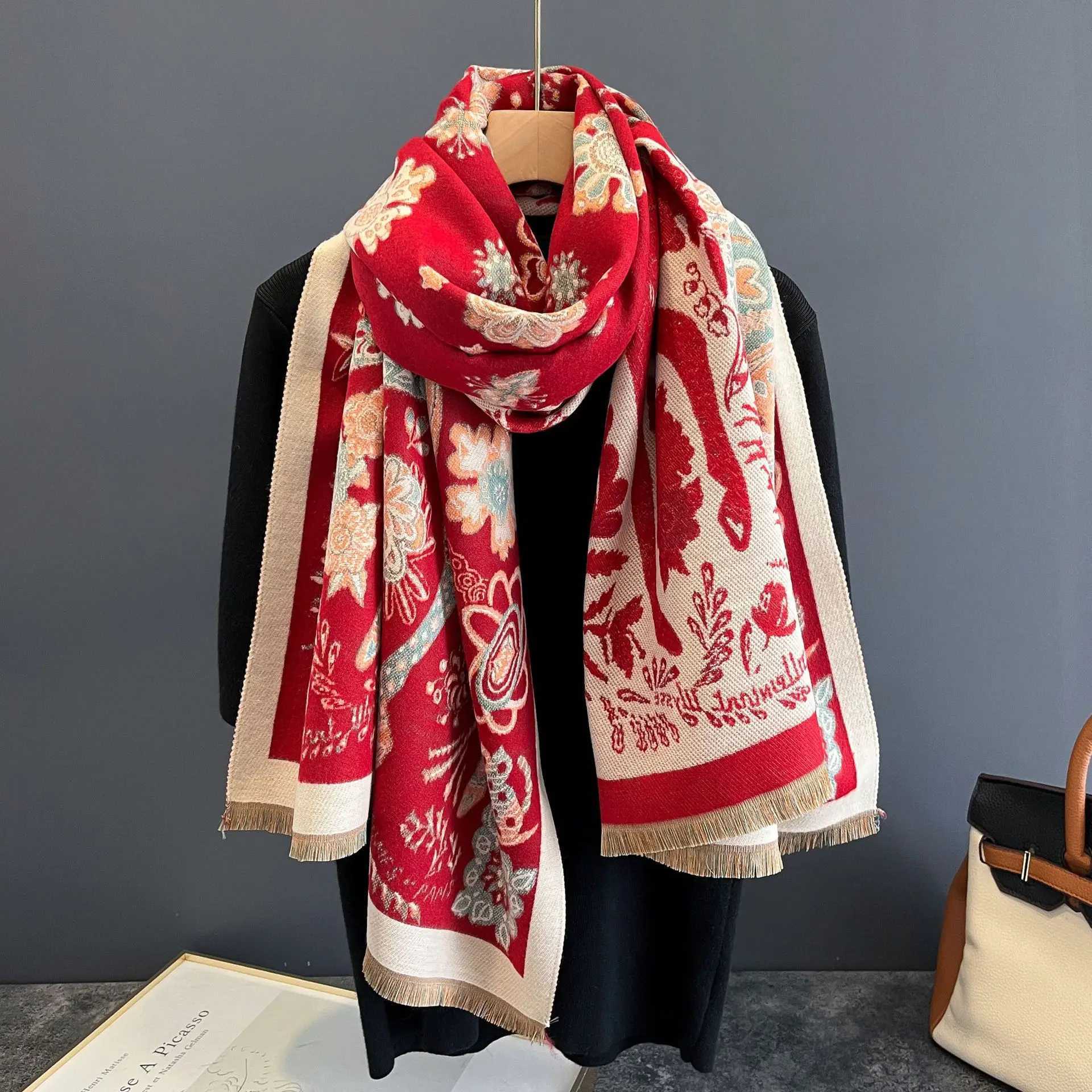 Luxury Winter Scarf Women Retro Print Pashmina Shawl Warm Wrap Headband Tassel Scarves Large-size Neckerchief Headscarf Muffler Z260917