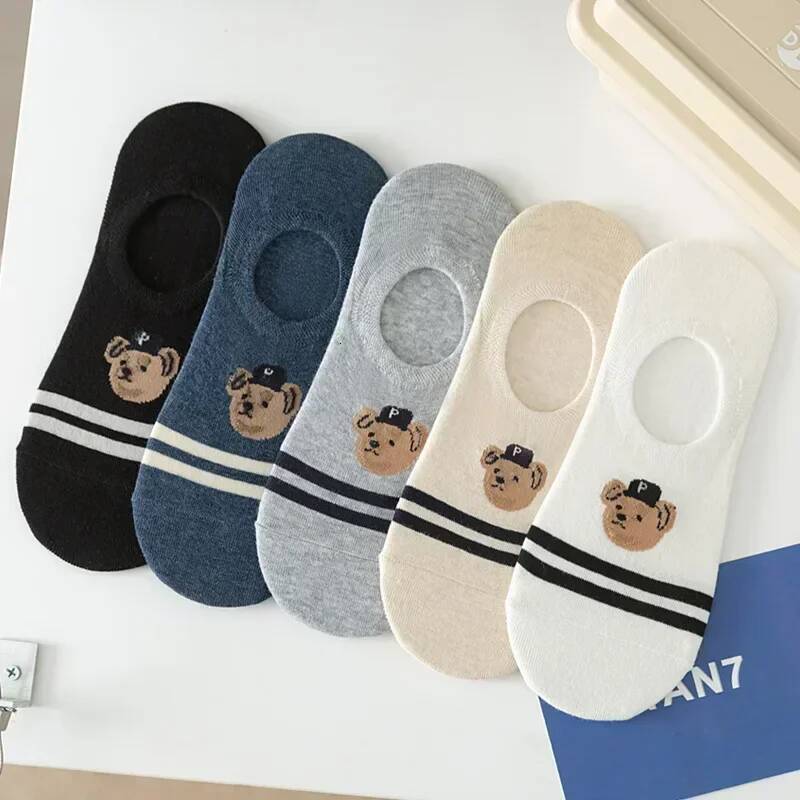 5 Pair Fashion Men's Boat Socks Non-Slip Transparent Silicone Cotton Ankle Slippers Cartoon Bear Summer Autumn Wear J260918