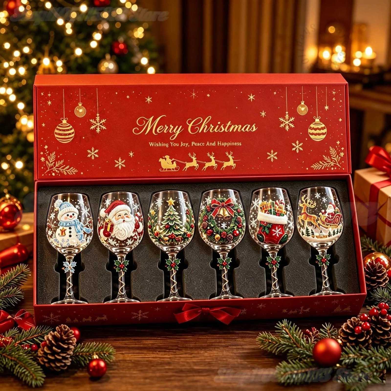 Novelty Christmas Wine Glasses Single 6Pcs Gift Box Set Christmas Stocking Tree Wreath Goblet for Christmas Party Decoration X260917