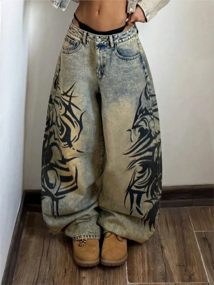 American Retro Streetwear Y2K Mottled Totem Print Loose Jeans Hip Hop Men Washed Distressed Wide Leg Jeans Mopping Pants Unisex 260918