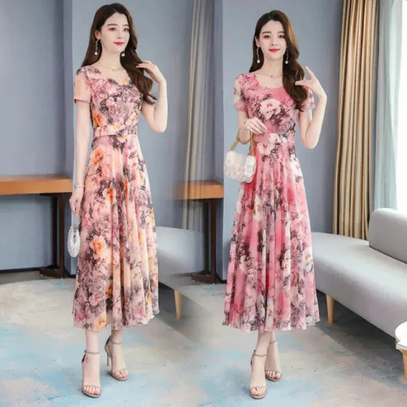 Women Casual Dress Summer V Neck everyday Ice Silk Print Waist Cinching Long Over Knee Fashionable Korean Style Womens Dress From Mainland China Lad
