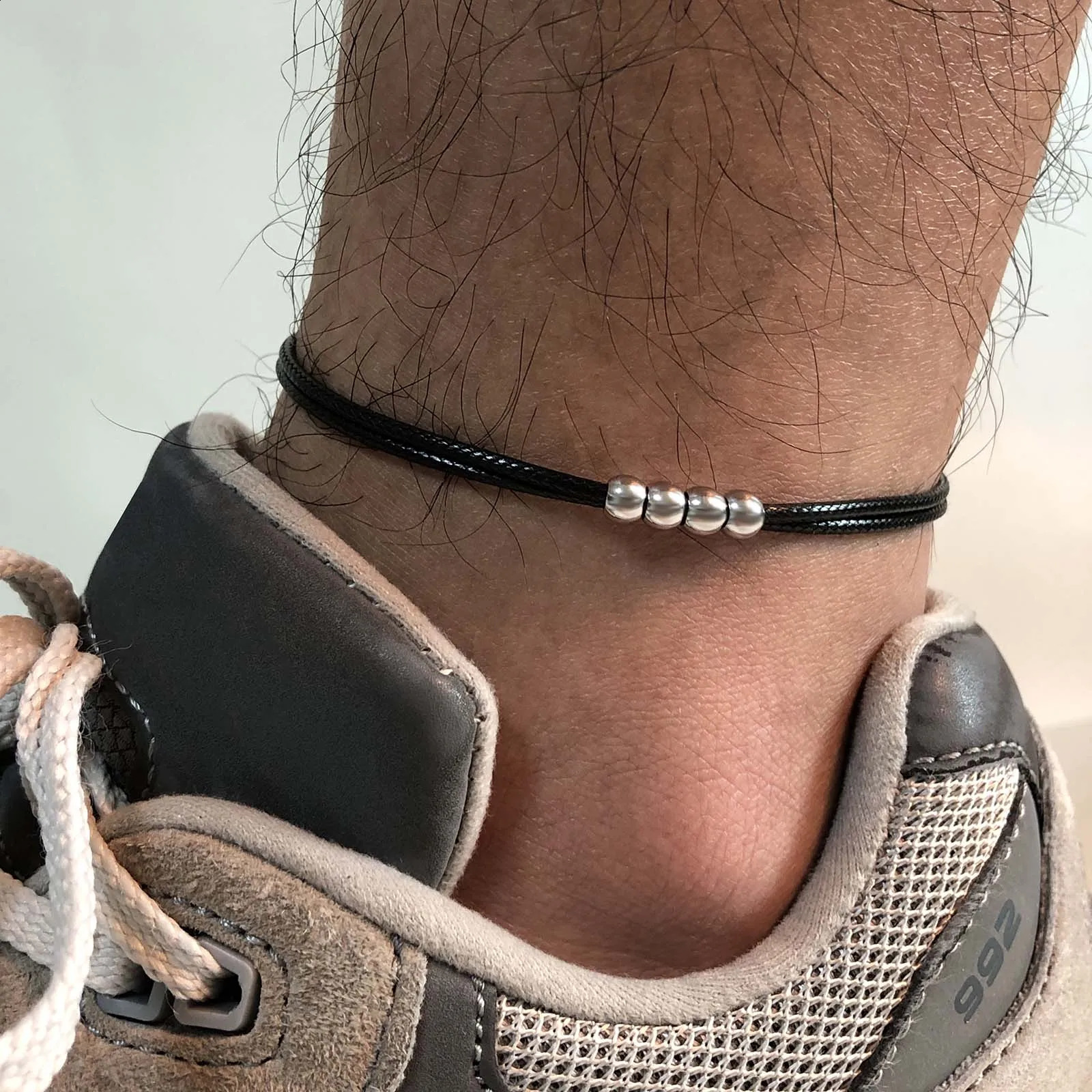 Men's Stylish Black Rope Chain Ankle Bracelets for Boys Waterproof Stainless Steel Feather Beads Charm Anklet Foot Gifts Jewelry 260917