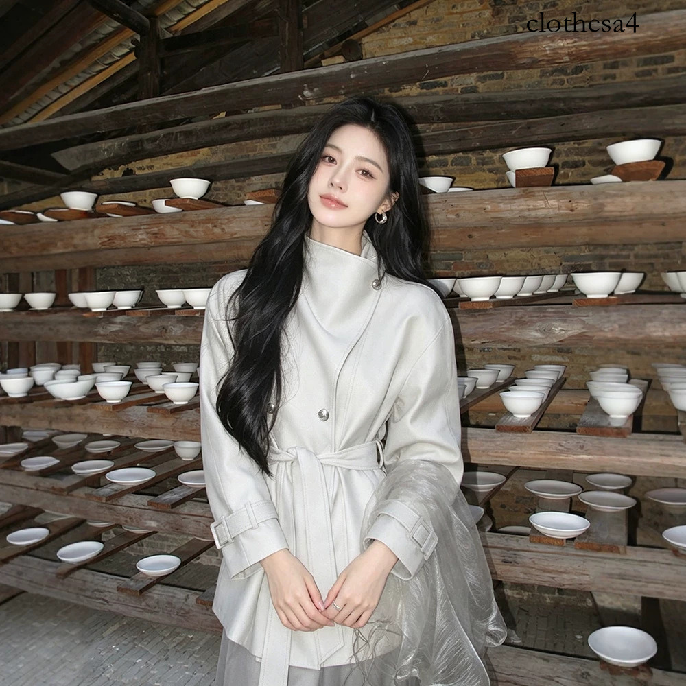 we mercury white porcelain early autumn gray jacket for women, 2026 new style, slimming, short, loose trench coat
