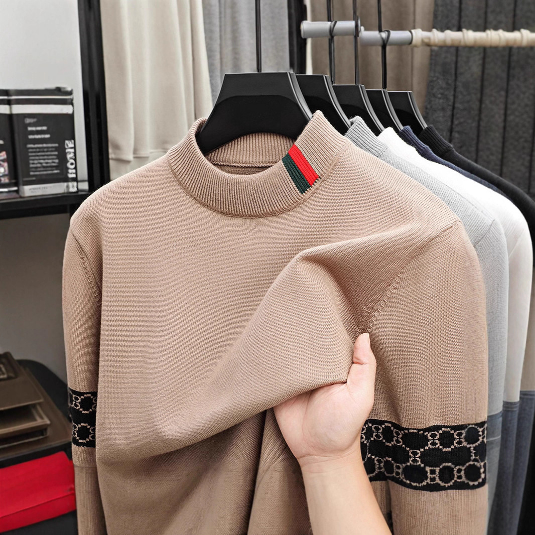 High-End Designer 2025 Fashionable Men's Sweater, Wool Knit, Warm And Versatile, Stylish Half-Turtleneck Knitwear, Thick Base Layer For Men Clo