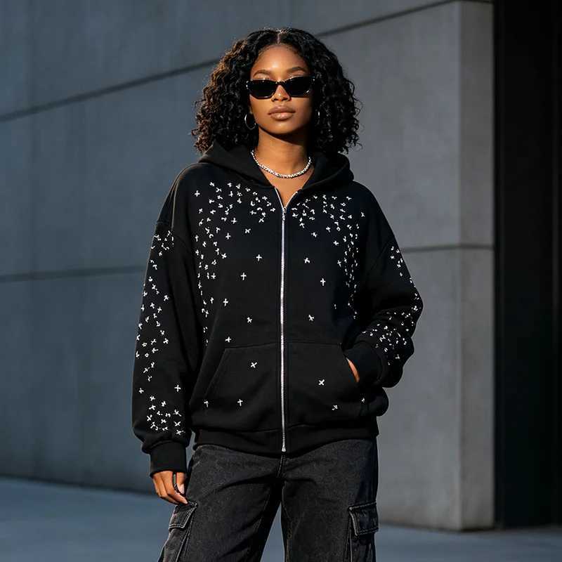 Women's Cross Diamond Zipper Hoodie Black Y2K Gothic Strt Clothing Zipper Oversized Long Slve Punk Hoodie Autumn S260918UKJI