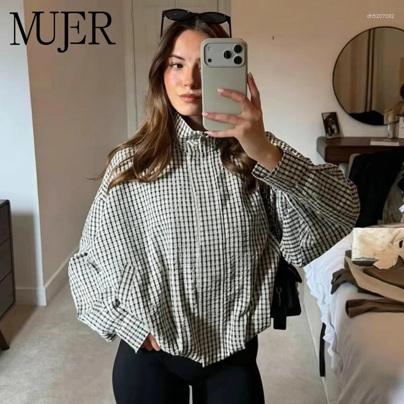 Plaid Women's Bomber Jacket Cropped Varsity Jackets For Women Zip Casual Coats Long Sleeve Outdoor