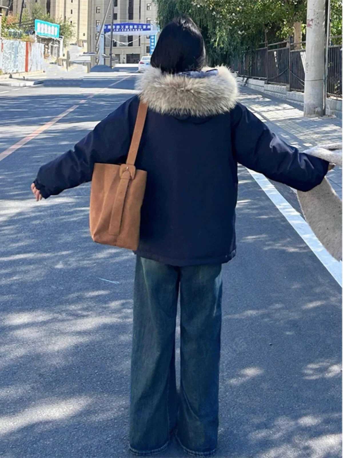 American Retro Thick Duck down Parka Coat Korean Style Couples Cotton Jacket Trendy Hooded Zipper Closure Long Sleeve Winter ... H260917