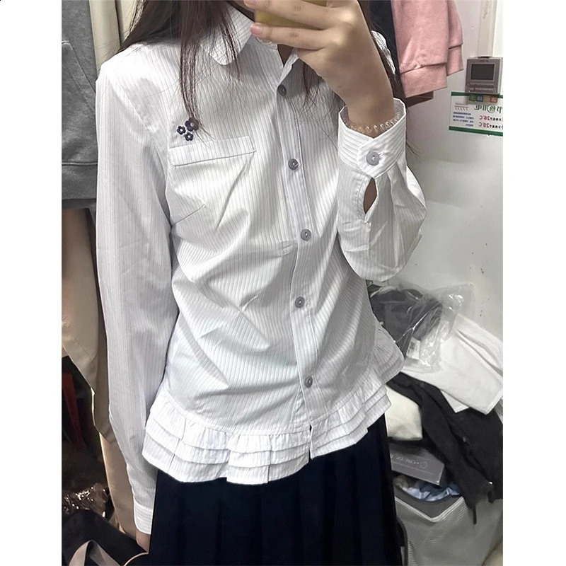 Harajuku Striped Shirts Women Fashion Ruffles Patchwork Long Sleeve Blouses Korean Preppy Floral Embroidery Slim Tops 260917