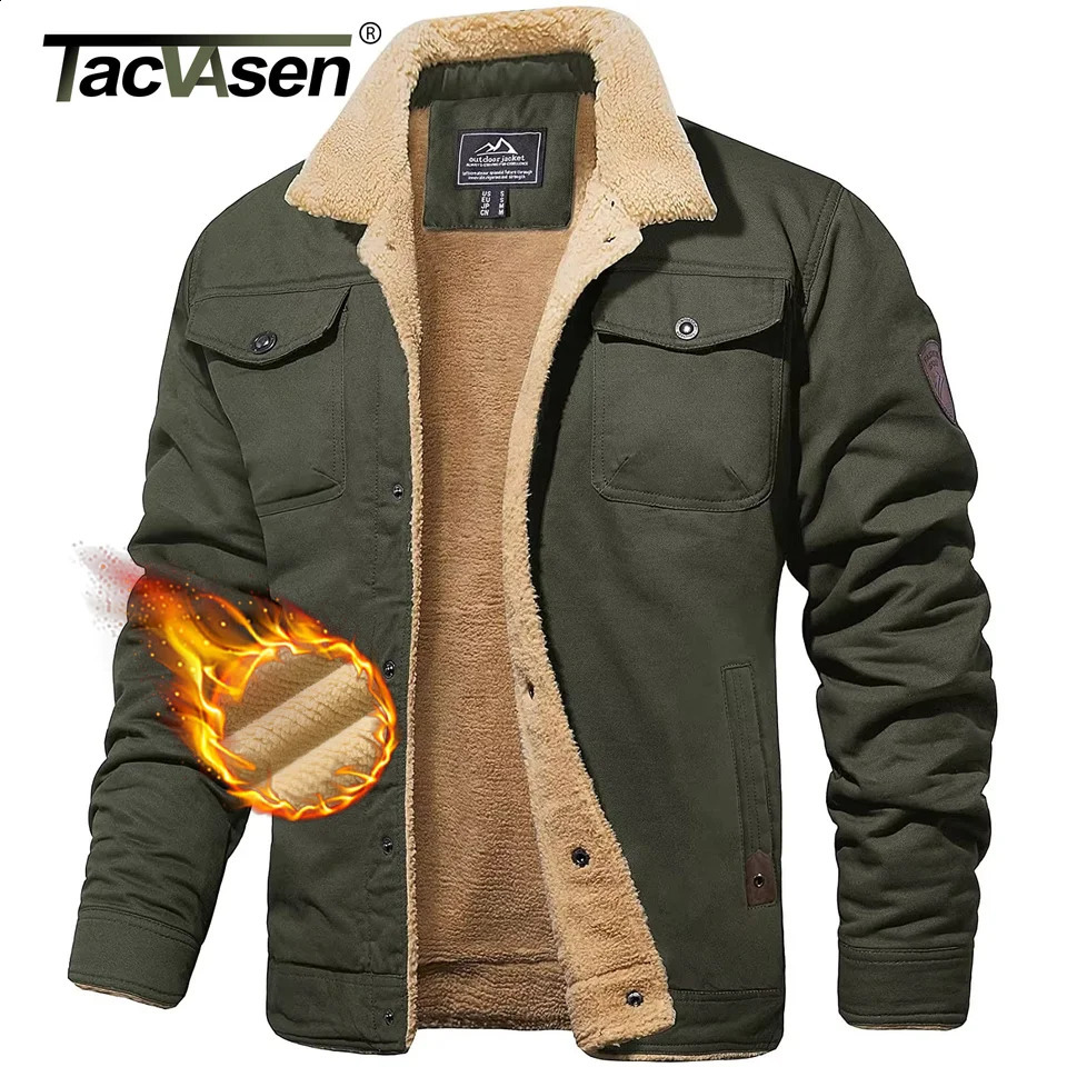 TACVASEN Turndown Collar Winter Cotton Jackets Mens Sherpa Fleece Trucker Parka Green Work Cargo Coats Clothes Overcoats 260918