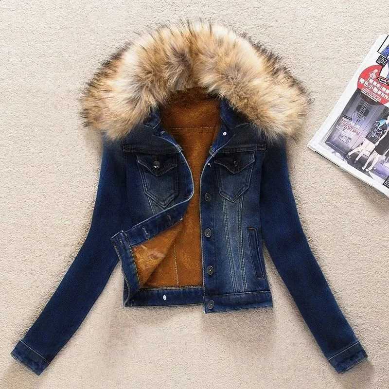 Autumn Winter Fleece Denim Jacket Women Big Fur Collar Short Coat Thicken Velvet Liner Warm Tops Lady Jean Coat Outerwear 260917