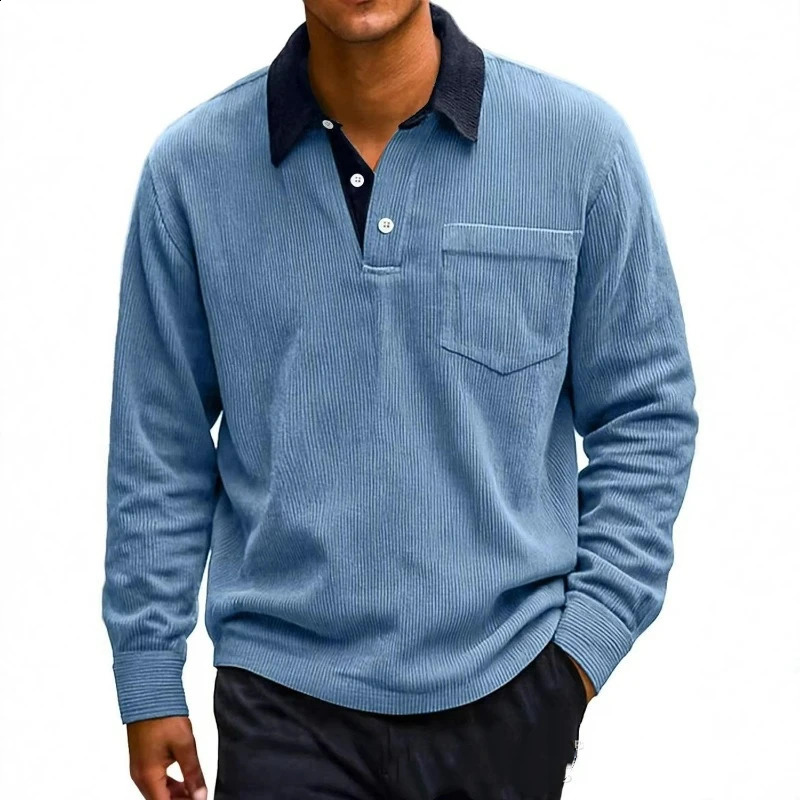 Autumn and winter men's retro corduroy button pocket color blocked casual turn down collar long sleeved polo shirt for men 260917