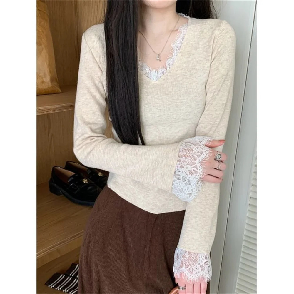 V-neck Lace Spliced Long Sleeve Sweater Knit Outerwear Korean Style Woman Pullovers Autumn Clothes Women's Sweater Tops 260917