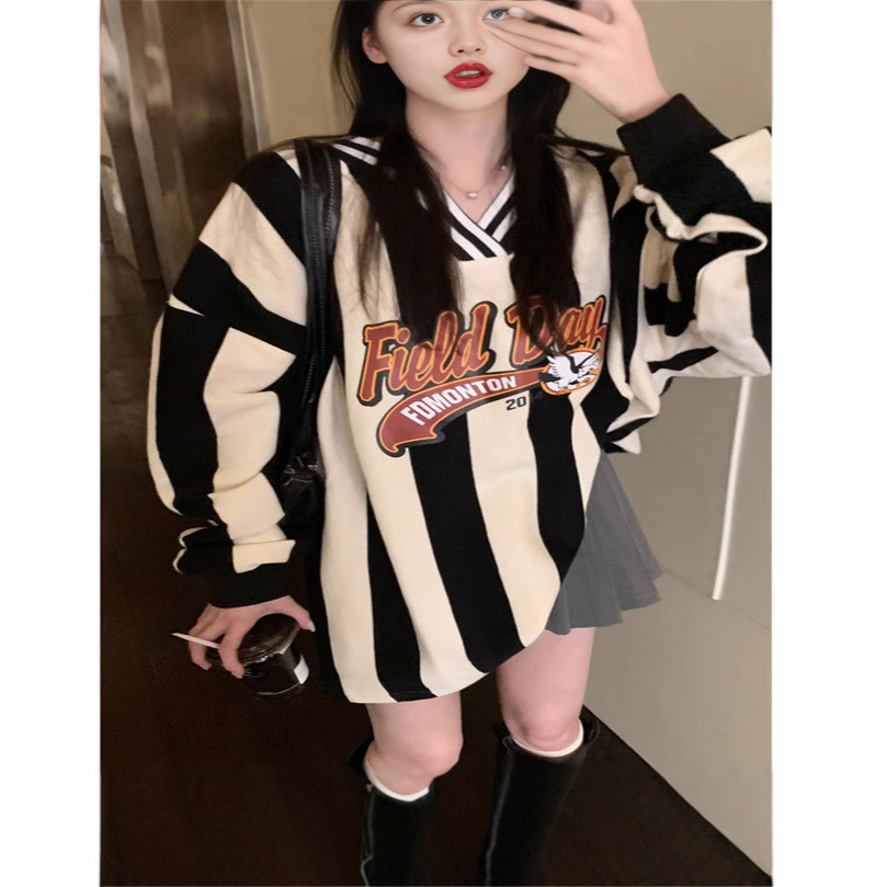Womens VNeck Striped Colorblock Baseball Longsleeve Sweatshirt Spring Arrival Loosefit Sporty Casual Midlength Top 260916