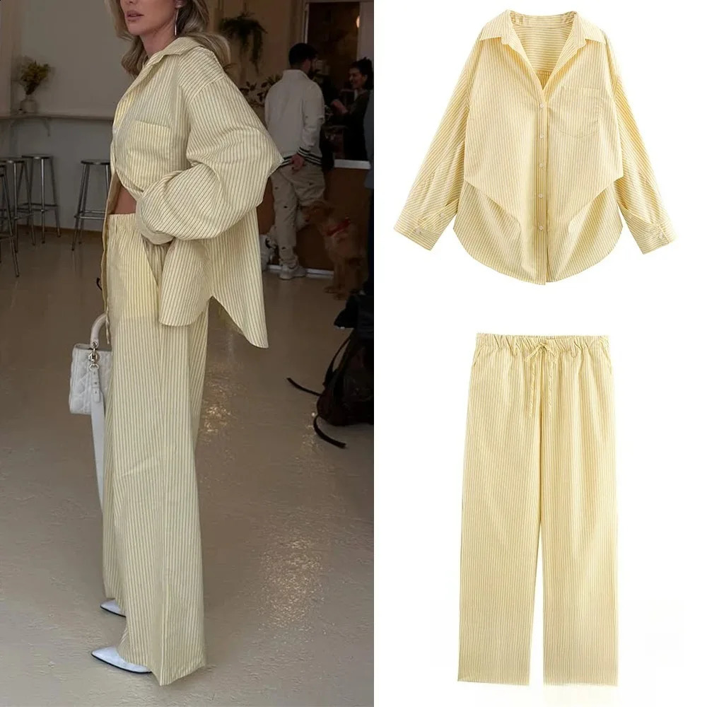 KONDALA Yellow Striped Print Women Suit V Neck Long Sleeve Loose ShirtsHigh Waist Wide Leg Pants Fashion Spring Autumn Set 260918