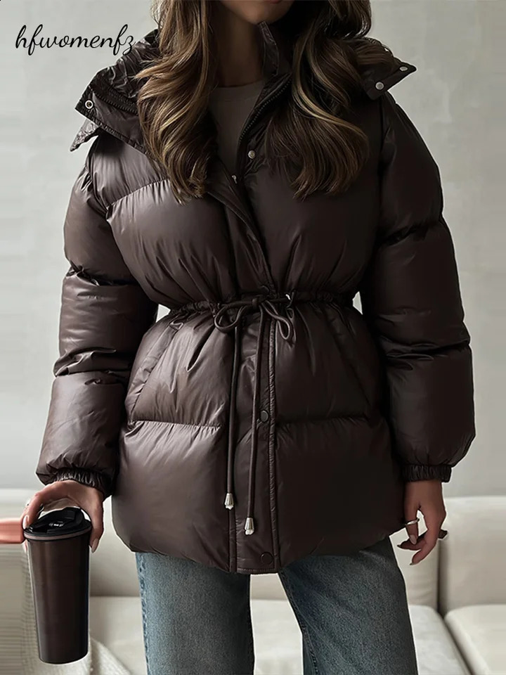 Womens Hooded Winter Jacket Drawstring Waist Cinched Long Sleeve Zip Up Solid Warm Padded Coat 2026 Fashion Lady Thick Parkas 260918