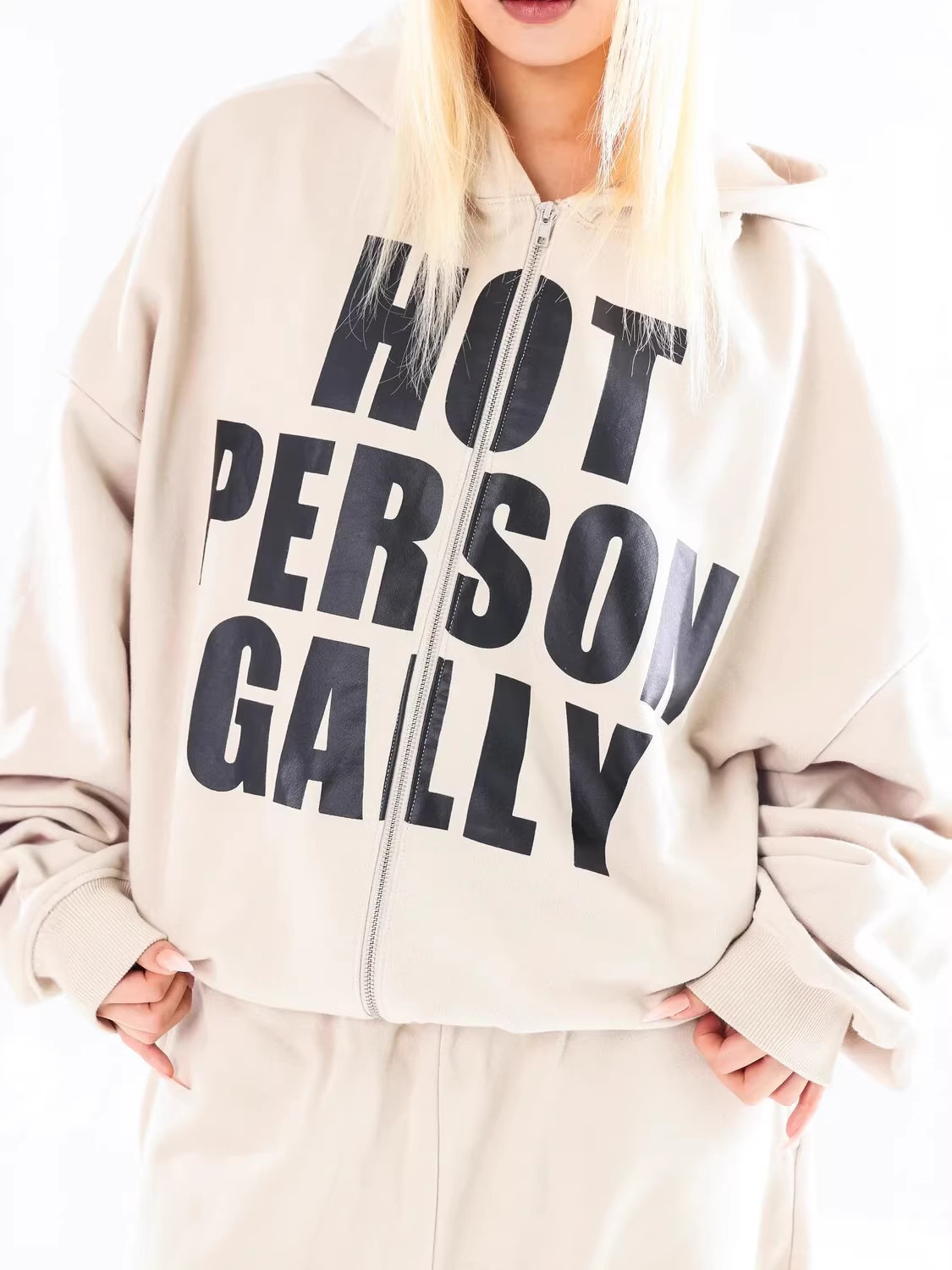 Cross-border Korean-style casual, trendy, stylish zip-up hoodie with letter print, loose fit, long sleeves, and a unique design ff