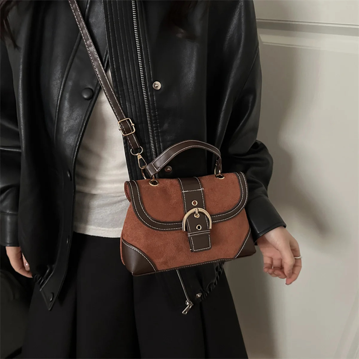 Maillard Tones Elegant Shoulder Bag Mixing Suede Leather with Metal Buckle Flap Magnetic Snap Multifunction Crossbody Commute 260915