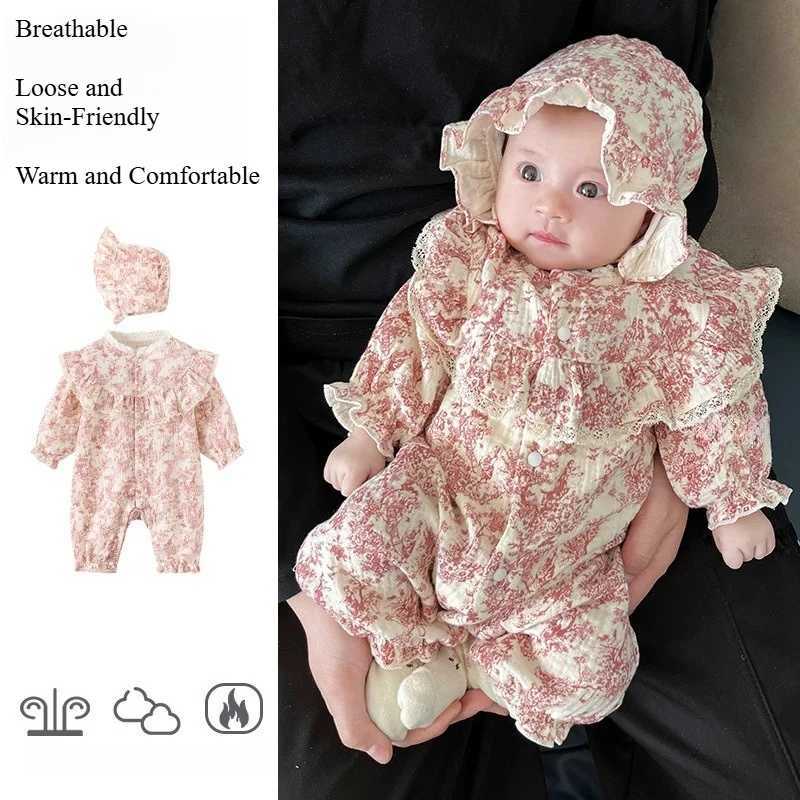 Girl 100%Cotton Spring Autumn Baby Rper with Hat - Cute Printed Lace Trim Onesie Christmas Cozy Breathable JumpsuitW260917