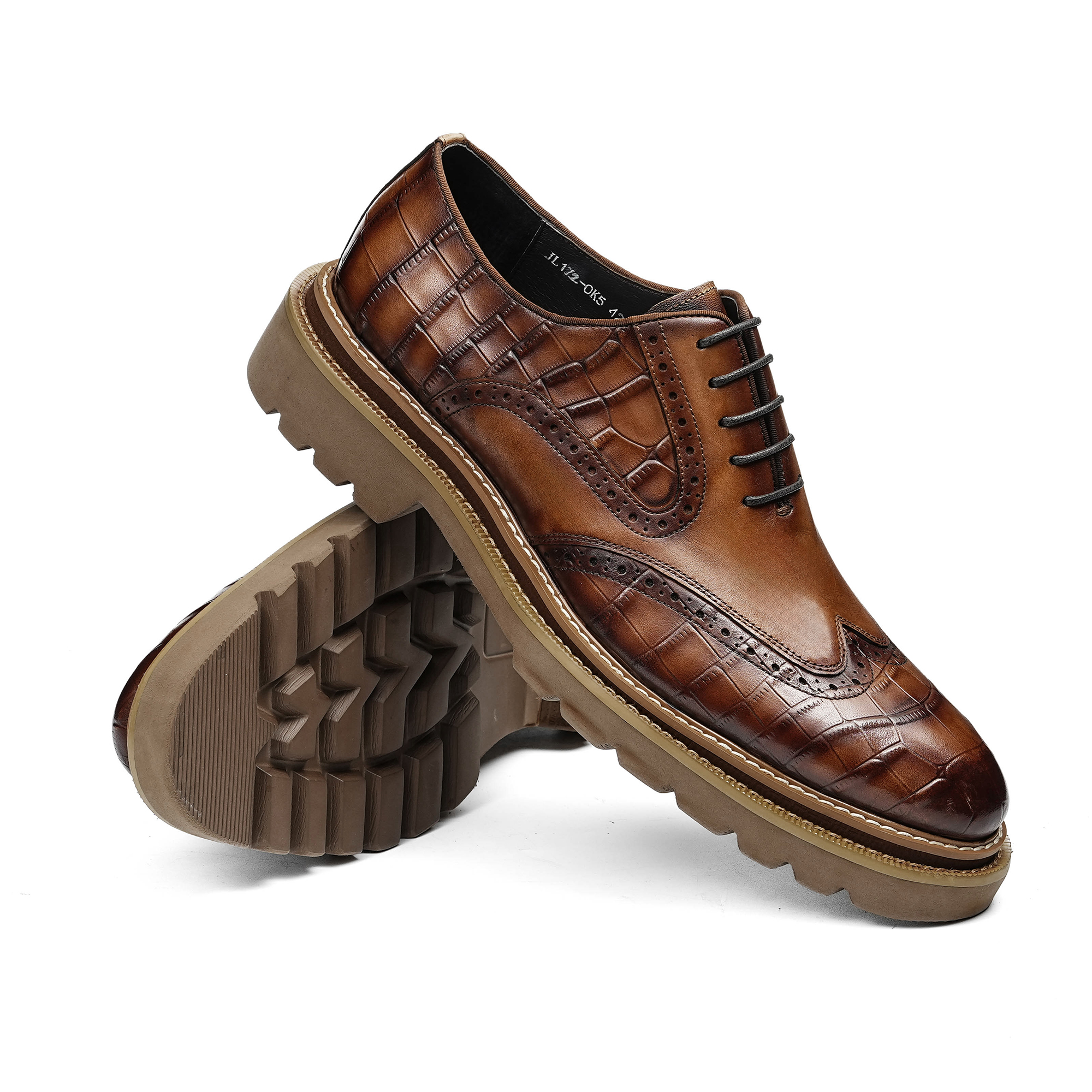 Luxury Men Croc Pattern Wingtip Brogue Oxfords Thick Chunky Sole Hand Polished Brown Leather Lace-up Formal Wedding Gentleman Footwear Plus Size 46