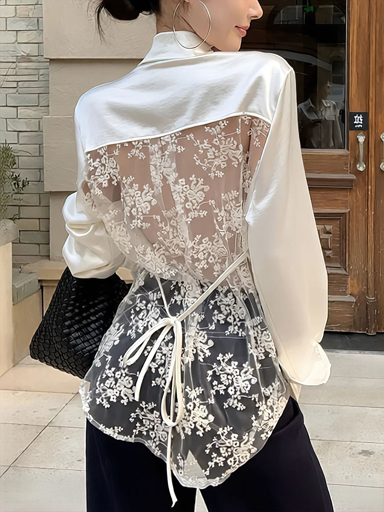 Backless Elegant Silk Satin Oversize Shirt Women Long sleeve Loose Casual Lace Basic Blouse Lady Office Button down Long shirt 260917