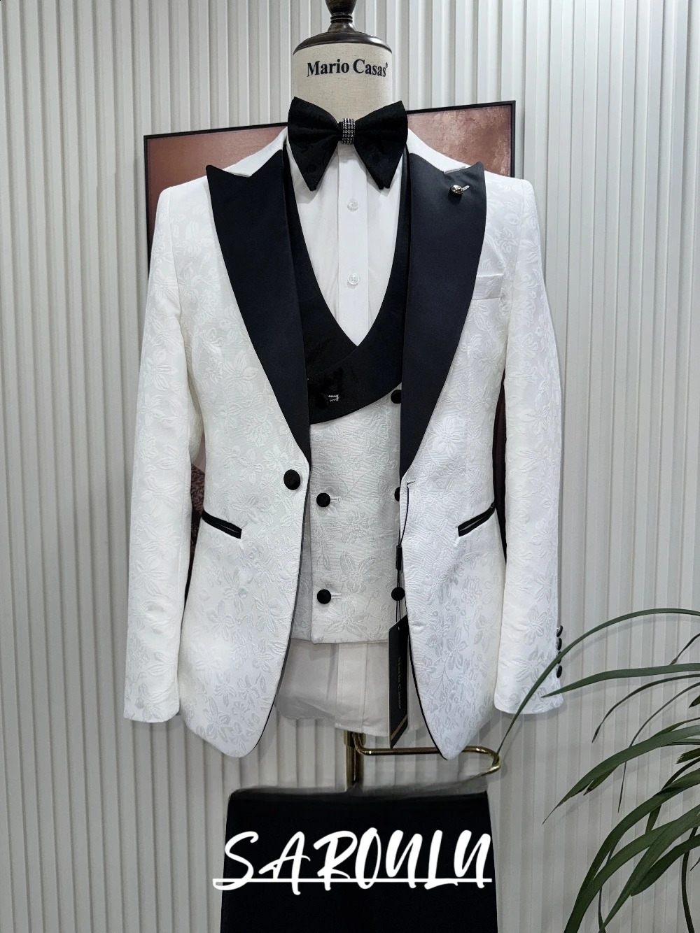 Premium Mens White Patterned 3Piece Formal Tuxedo Black Lapel Slim Fit Groom Suit For Wedding Ball Dinner Party Set 260918